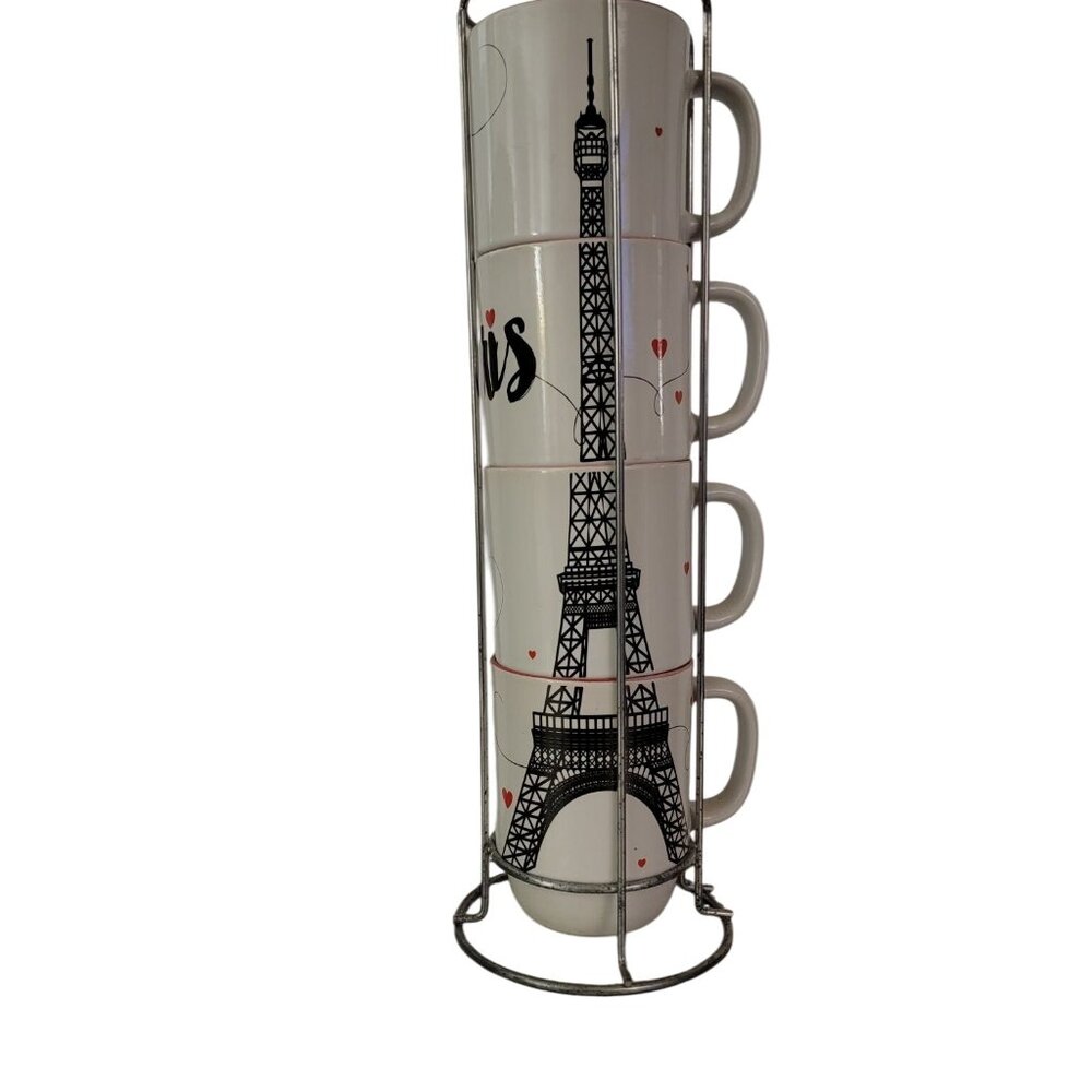 ⭐ Boston Warehouse “Paris” Eiffel Tower Stacking Mug Set with Metal Stand – 4-Pi